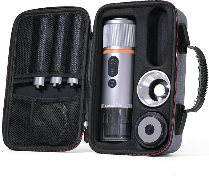 CONQUECO Portable Espresso Machine Travel: 12v Car Coffee Maker Set with Battery for Camping - Small Electric - 2.5 Mins Heating - With Ground Coffee &amp NS Capsule &amp Handbag for RV Hiking Off