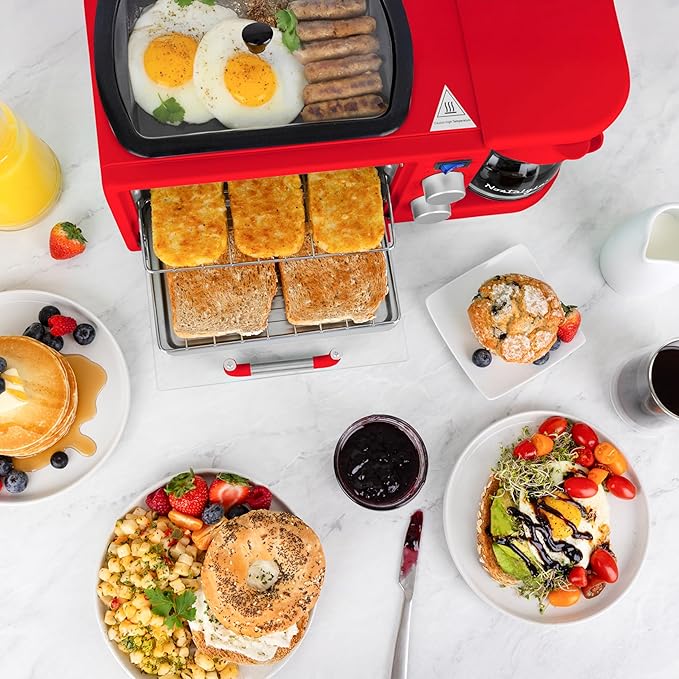 Nostalgia 3-in-1 Retro Breakfast Station - Includes 5 Cup Coffee Maker Non-Stick Ceramic Griddle and 4-Slice Toaster Oven - Built-In Timer Reusable Coffee Filter Space-Saving Design - Red