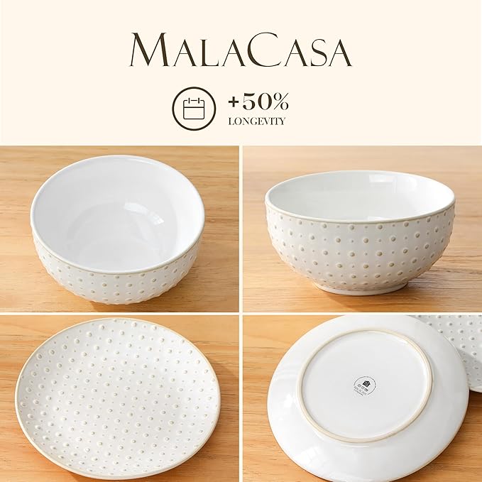 MALACASA 16 Pieces Dinnerware Sets Modern Relief Design Plates and Bowls Sets White Dish Set for 4 Kitchen Ceramic Dinner Plates Dishware Set Microwave and Dishwasher Safe Series LYDIA