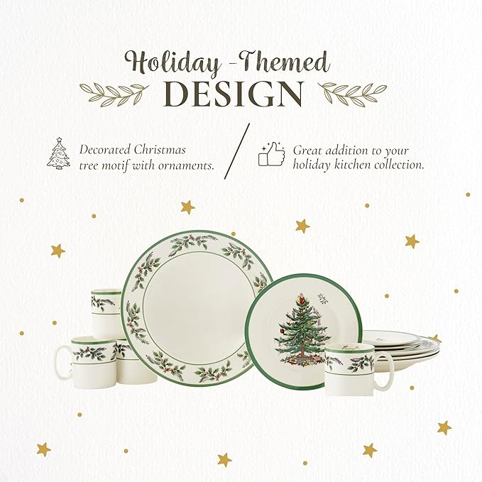 Spode Christmas Tree 12-Piece Dinnerware Set (Service for 4) - Festive Holiday Tableware with Plates &amp Mugs - Fine Earthenware Christmas Dinnerware - Microwave &amp Dishwasher Safe