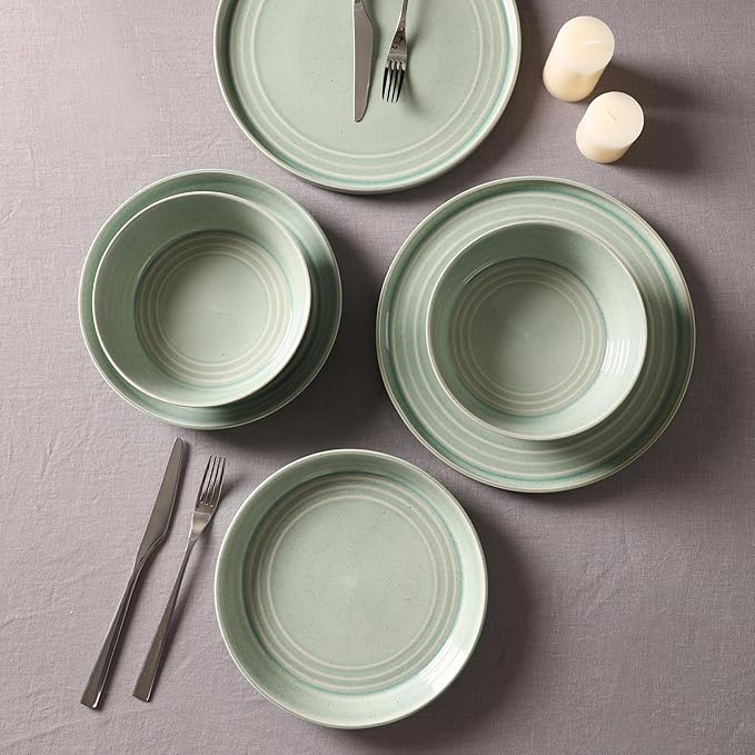 Stone Lain Claire 24-Piece Dinnerware Set Stoneware Plates and Bowls Set Dishwasher and Microwave Safe Dish Set for 8 Green