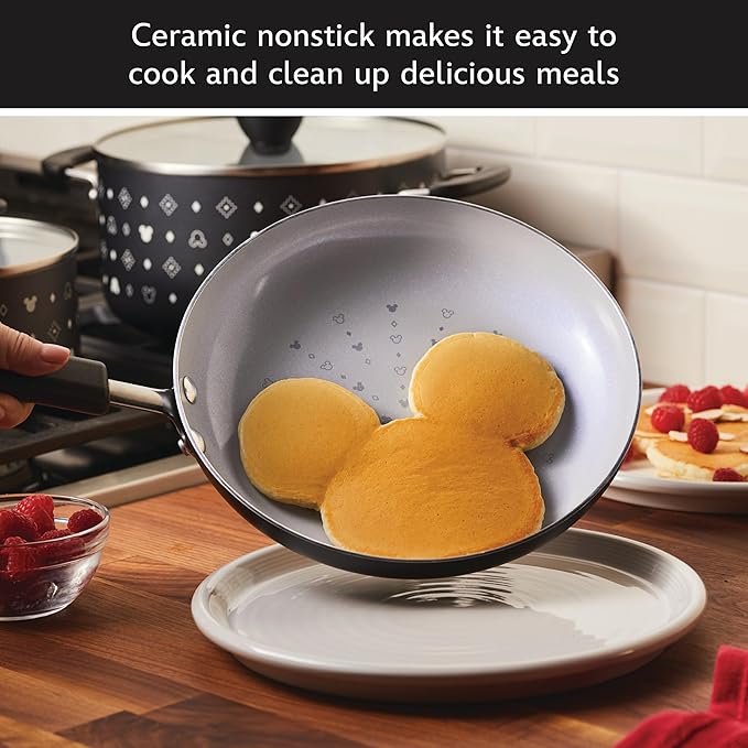 Farberware Disney Monochrome Ceramic Nonstick Cookware Pots and Pans with Baking/Bakeware Cookie Pan and Kitchen Cooking Tool Set Dishwasher Safe 8 Piece Cookware Set - Black