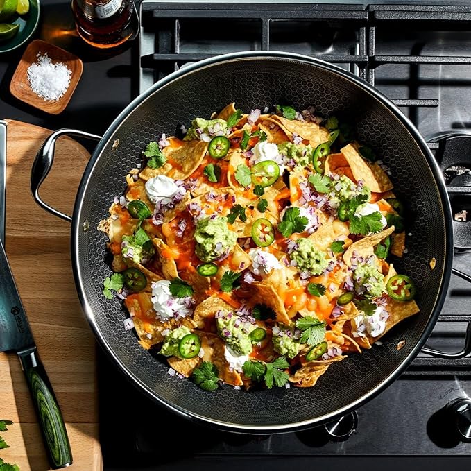 HexClad Hybrid Nonstick 5-Piece Cookware Set 14 Pan with Lid 14 Wok with Lid and 12 Griddle Stay-Cool Handles Dishwasher and Oven-Safe Induction Ready Compatible with All Cooktops