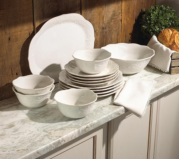 Lenox Dinnerware Set French Perle White 12-Piece Set Service For 4 Stoneware Material Dishwasher Safe Microwave Safe Plates Bowls Home &amp Kitchen Plates And Bowls Sets (White 12 Piece)