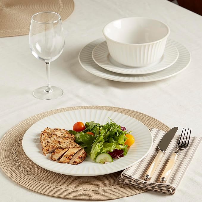 Tabletops Gallery Richmond 12-Piece Reactive Glaze Stoneware Dinnerware Set of Kitchen Dishes Dinner Plates Cereal Bowls Service for 4 White