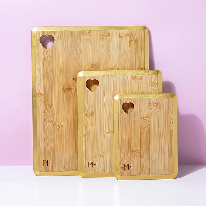 Paris Hilton Reversible Bamboo Cutting Board Set with Heart Shaped Cut-Out Design Glamorous Gold Edge Detail and Multiple Board Sizes 3-Pieces Gold