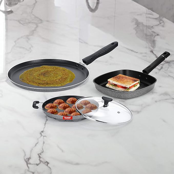 SUMEET NonStick Aluminium Cookware Set Dosa Tawa - 26.5Cm Dia Grill Appam Patra with Glass Lid - 12 Cavity - 22cm Dia Grill Pan-22cm Dia (Silver)