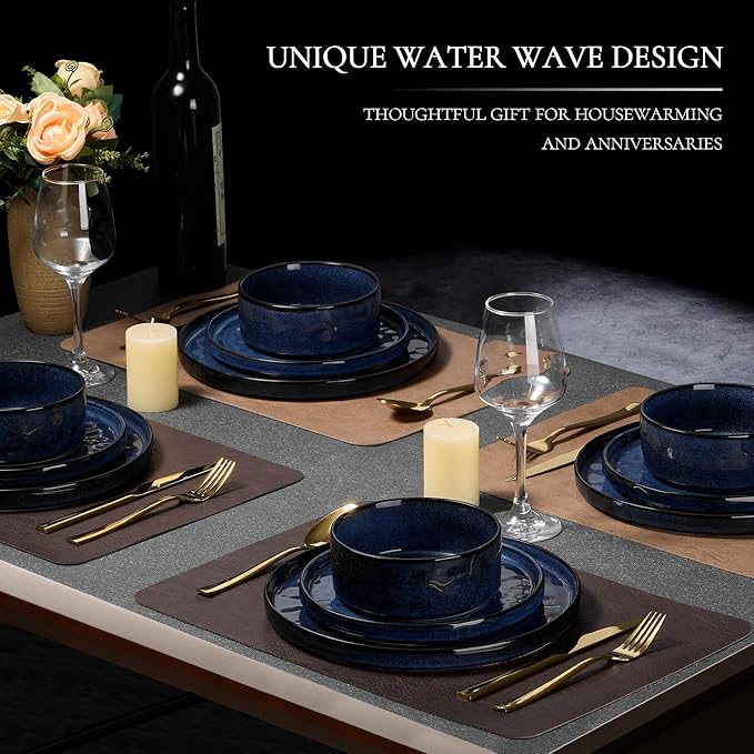 Vesteel Dinnerware Sets 12-Piece Stoneware Plates and Bowls Set Dishes Set for 4 Elegant Ceramic Dinnerware for Home Restaurant - Ocean Blue