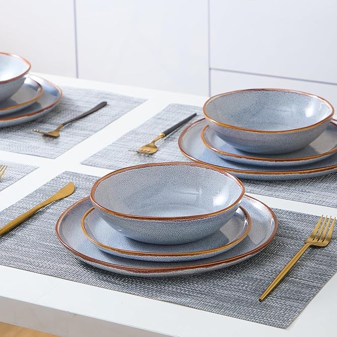 Bestone 12 Pieces Round Kitchen Dinnerware SetsPlates and Bowls SetsDishes Plates Bowls Dish Set Chip Resistant Ceramic Dinnerware Set Dishwasher/Microwave SafeService for 4Reactive Blue