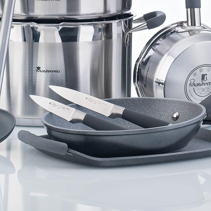 8-piece cookware: 2 pots diameter 16 and 18 pots diameter 20 x diameter 24 and 28 cm + 3-piece pan set 16-20-24 cm made of pressed aluminium + kitchen knife set