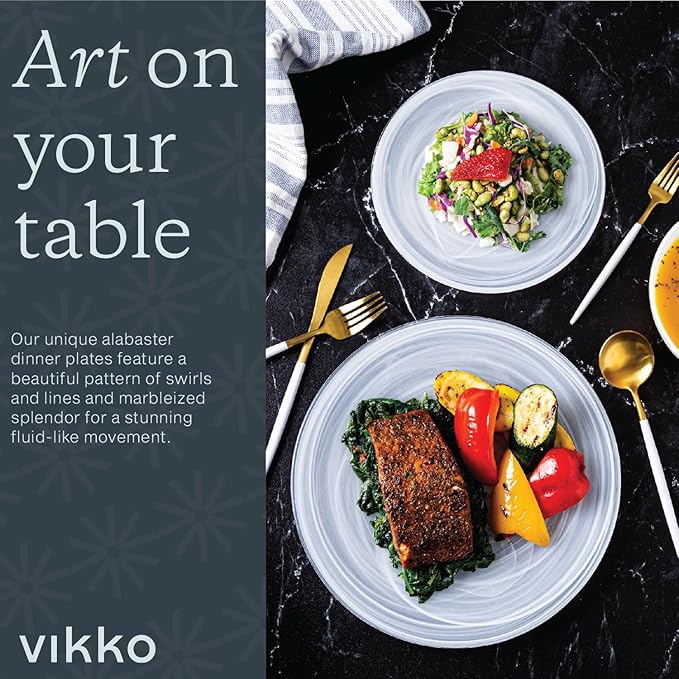 Vikko Dinner Plates Set of 6 White Alabaster Plates 11 Plate with Marbelized Swirl Design Elegant Glass Plate Dishwasher Safe