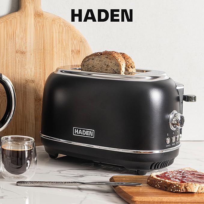 Haden Heritage 2 Slice Wide Slot Stainless Steel Toaster with Adjustable Browning Control &amp Non-Slip Feet Black &amp Chrome