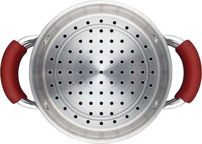 Rachael Ray Cucina Nonstick Cookware Pots and Pans Set 12 Piece Cranberry Red &amp Cucina Nonstick Sauce Pot/Saucepot with Steamer Insert and Lid 3 Quart Cranberry Red