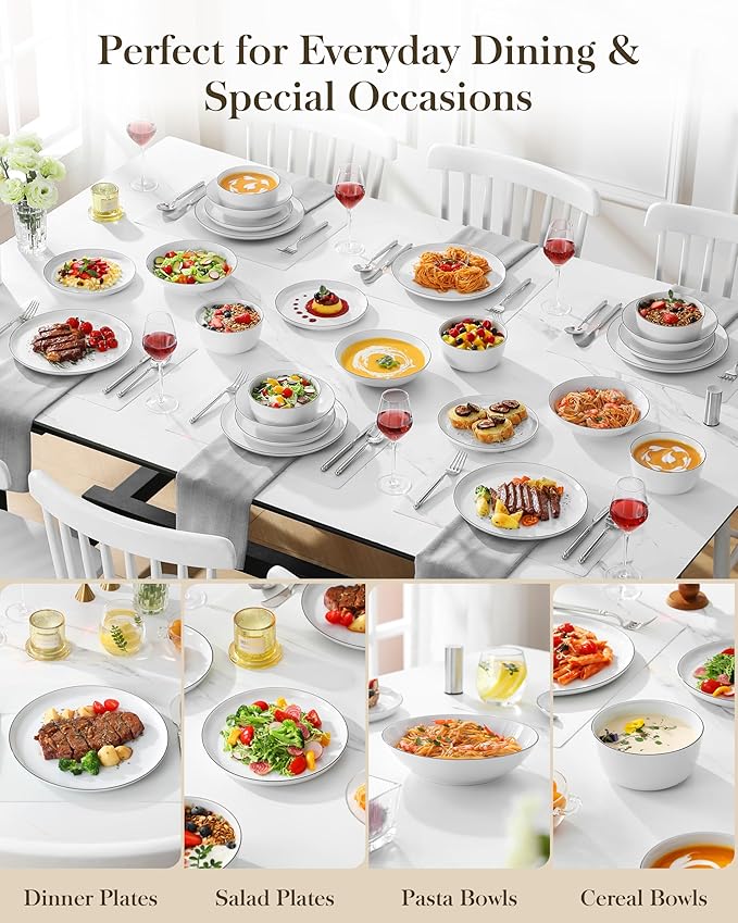MALACASA 24 Pieces Gourmet Porcelain Dinnerware Sets Premium Plates and Bowls Set High-Fired Dishes Set for 6 Chip &amp Scratch Resistant Microwave Dishwasher Safe White &amp Black Rim Series