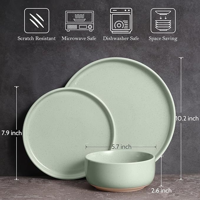 Vesteel 12-Piece Dinnerware set Ceramic Plates and Bowls set for 4 Speckled Stoneware Dishes Set for Family Microwave &amp Dishwasher Safe - Light Green