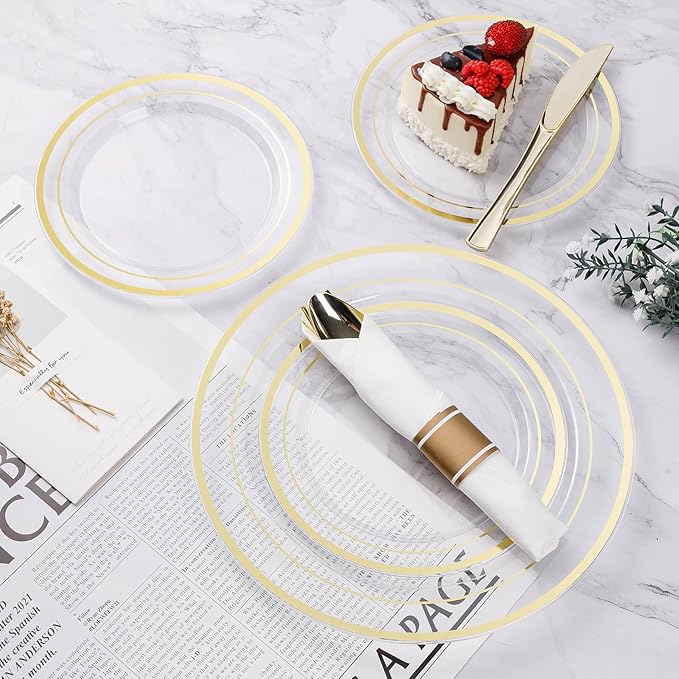BESTVIP 700PCS Clear Gold Plastic Dinnerware Set for 100 Guests Disposable Party Plate for Christmas and New Year Include: 200 Plastic Plates 100 Pre Rolled Napkins with Silverware 100 Cups