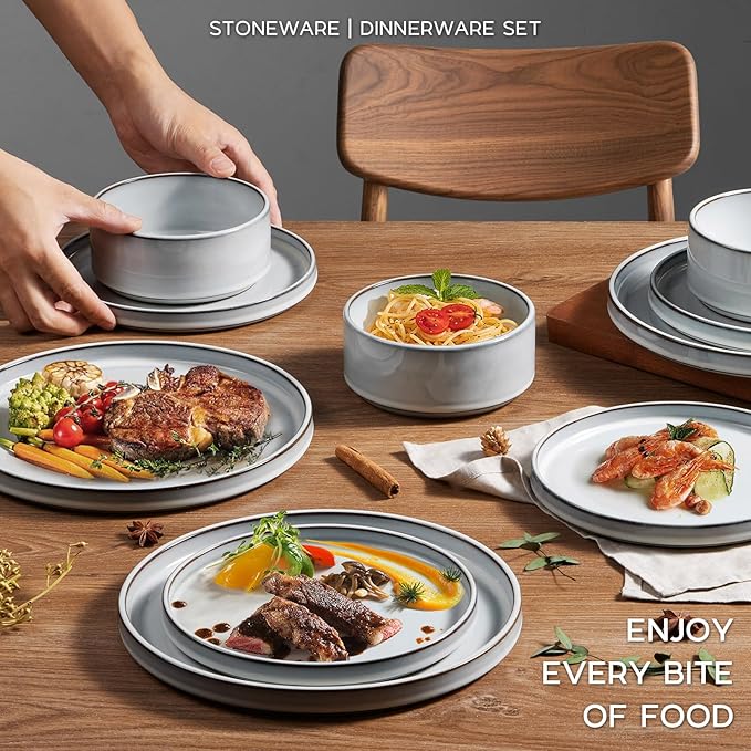 Onader Ceramic Dinnerware Sets for 6 Stoneware Plates and Bowls with Rustic Terracotta Bottom Elegant Kitchen Dinner Dish Set 18-Piece Dishware Tableware - Glacier White