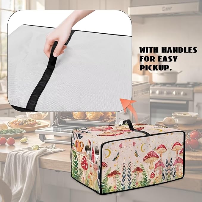 Mushroom Butterfly Toaster Oven Cover Heavy Duty Heat-resistant Waterproof Dust-Proof Protective Case with Side Pockets for Bake Air Fry Toaster Oven Easy Maintenance