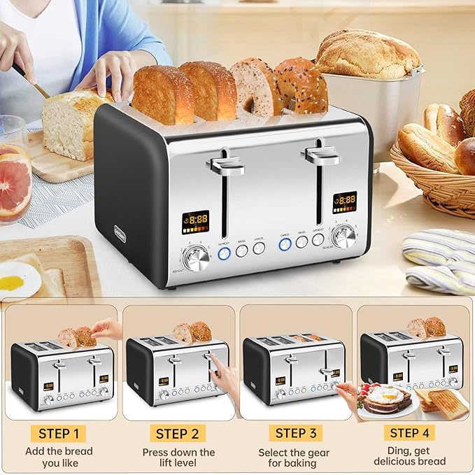 SEEDEEM 4 Slice Stainless Toaster - Color LCD Display 7 Shade Settings 1.5'' Wide Slots Bagel/Defrost/Reheat Functions Removable Crumb Tray Dark Chocolate 1800W
