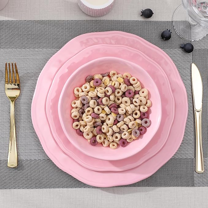 18 Piece Pink Dinnerware Set Lightweight Kitchen Dining Plates and Bowls Set Durable Melamine Dishes Set of 6 Unbreakable RV Camping Dishes Dishwasher Safe