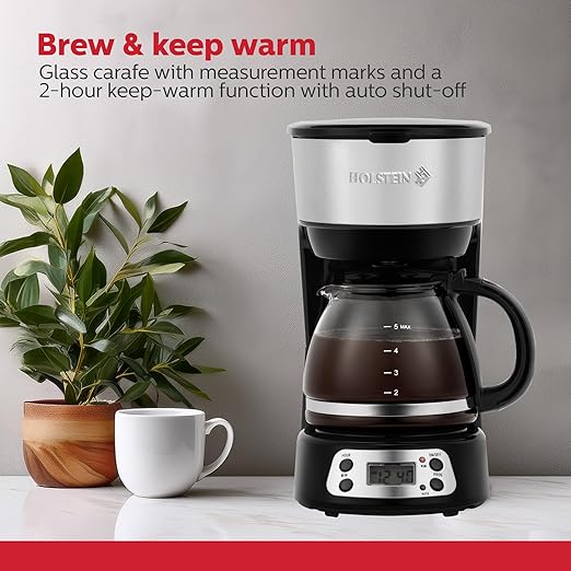Holstein Housewares 5-Cup Programmable Coffee Maker 25oz Drip Coffee Machine with Auto Brew Timer Pause &amp Serve Compact Design – Perfect for Home Office &amp Dorm Use Black