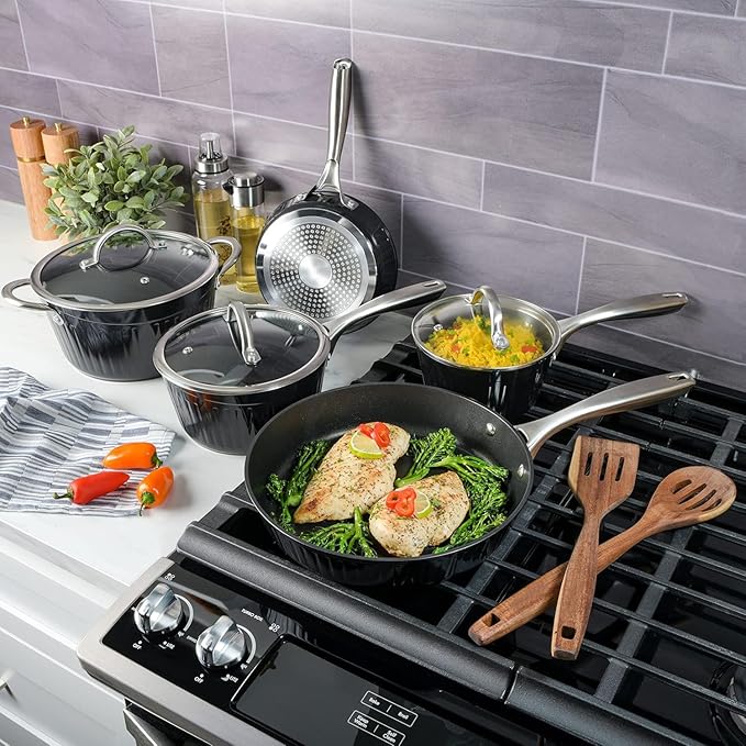 10 Piece Aluminum Nonstick Cookware Set with Lids and Wood Utensils Scratch Resistant Pots and Pans for Cooking
