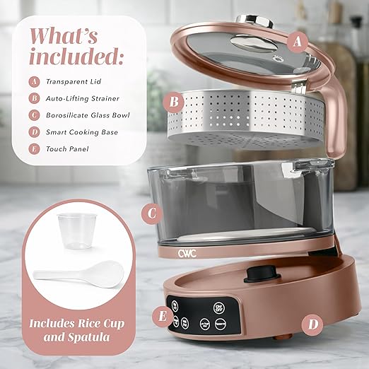 COOK WITH COLOR 3L Glass Mini Low Carb Rice Cooker – Holds 2 Cups Raw/Makes 6 Cups Cooked with Auto Lift Filter Basket Hotpot &amp Steamer for Rice Grains Digital Panel with Keep Warm Dusty Rose