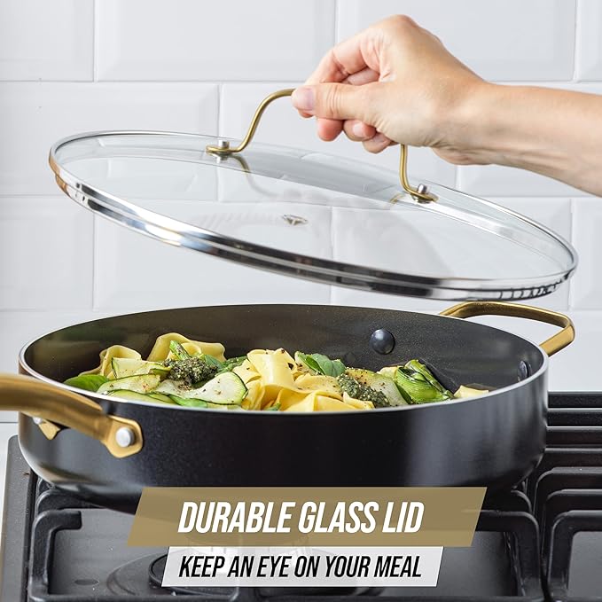 Blue Diamond 4QT Saute Pan with Lid Non Toxic Induction PFAS-Free Diamond Ceramic Nonstick Dishwasher &amp Oven Safe Metal Utensil Safe Gold Handle &amp Helper Handle Jumbo Skillet Glass Lid