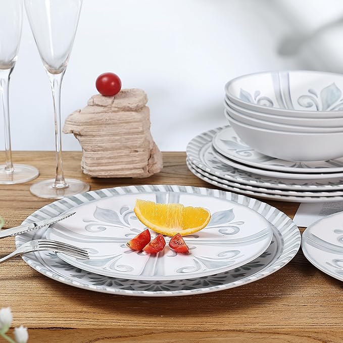 Melamine Dinnerware Set12pcs Embossed Plates and Bowls Sets Plastic Dinnerware Dishes Set for 4 Lightweight Unbreakable Dishwasher SafeWhite&ampGrey