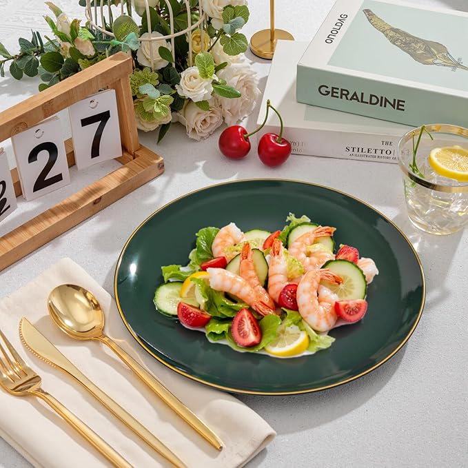 bUCLA 150PCS Green Plastic Plates - Green and Gold Disposable Include 25 Each (Dinner &amp Dessert) Plates 25 Knives 25 Forks 25 Spoons and 25 Cups Ideal for Party&ampChristmas