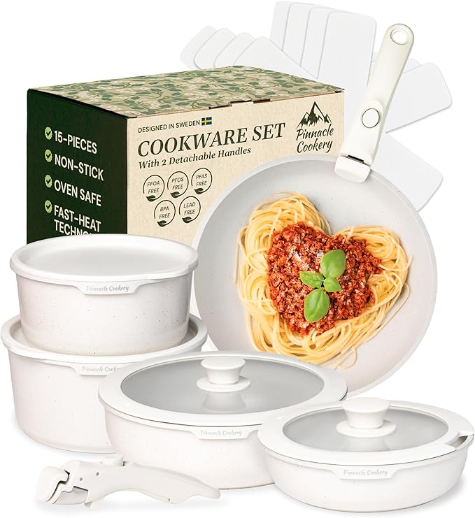 15-Piece White Granite Nonstick Cookware Set – Detachable Handles &amp Tempered Glass Lids – Stackable &amp Cool-Touch - Induction &amp Oven Safe to 480°F - Scratch-Resistant PFOA &amp PFOS-Free