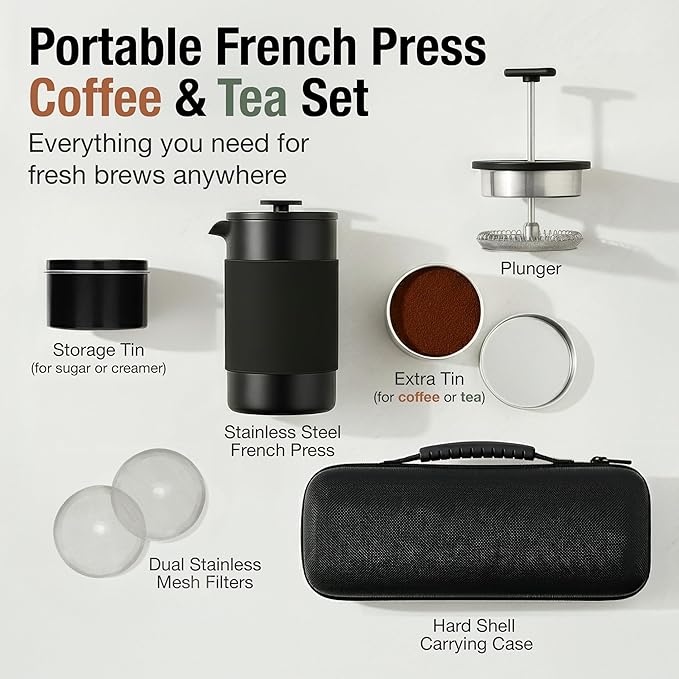 Travel French Press Coffee Maker Set - 12 oz | Portable Travel French Press Coffee Maker | Double Wall Insulated with Dual Stainless Filters &amp 2 Steel Canisters for Grounds Tea Creamer &amp Sug