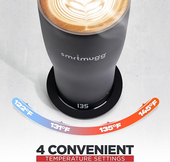 X Heated Coffee Mug 19 oz. 8 Hour Battery Life Self-Heating Adjustable Temp Controlled LCD Screen One Button Temperature Adjustment Includes Cover with Magnetic Slider (Black) (Black)