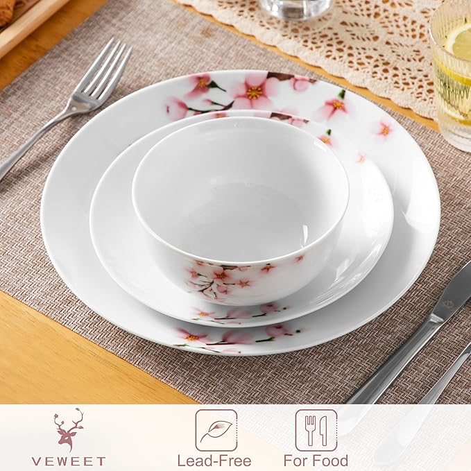 VEWEET Porcelain Dinnerware Sets for 4 12 Pieces Plates and Bowls Set with Pink Floral Kitchen Dishes Set Dining Ware for Family Microwave and Dishwasher Safe Series ANNIE