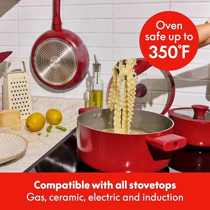 So Yummy by bella 12 Piece Cookware Set w EverGood™ Ceramic Nonstick Coating and Silicone &amp Wood Utensils Dishwasher Safe Silicone &amp Glass Lids Oven Safe &amp All Stovetop Compatible Red