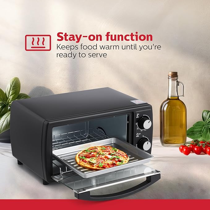 Holstein Housewares 4 Slice Countertop Toaster Oven with 60 Minute Timer Includes Pan and Wire Rack Perfect for Baking Broiling and Toasting Compact Design in Sleek Black for Convenient Kitchen Use
