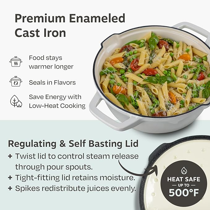 NATIVO 5pc Stackable Cast Iron Cookware Set Versatile Enamel Dutch Oven Seasoned Grill Pan &amp Enamel Braiser with Precision Pour Spouts Universal Lid Included Spacers/Handle Holders White Dutc