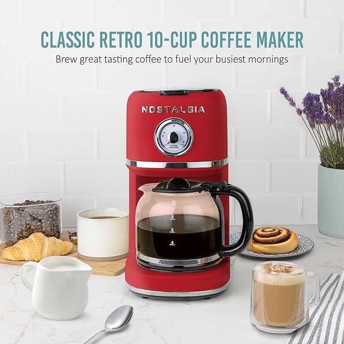 Nostalgia Classic Retro 10 Cup Coffee Maker - One-Touch Drip Brew Reusable Filter - Anti-Drip Auto Shutoff &amp Time Display - Dishwasher Safe 50 oz Carafe - Red