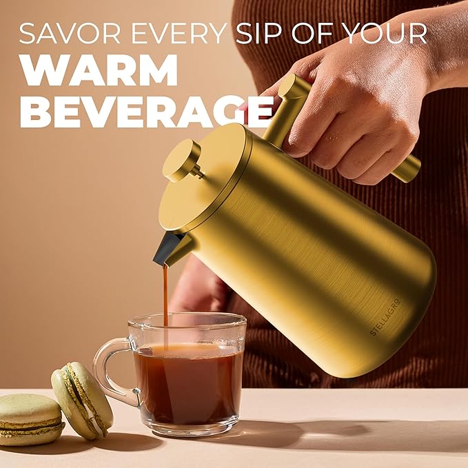 French Press Coffee Maker Stainless Steel French Press 34 Oz / 1L Large Insulated Double Wall Coffee Maker with 3 Extra Mesh Filters Satin Finish Gold
