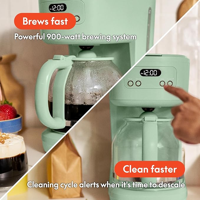 bella 12 Cup Programmable Coffee Marker Reusable Dishwasher Safe Accessories Easy LCD diaply Auto Shutoff 900 watt Seaglass