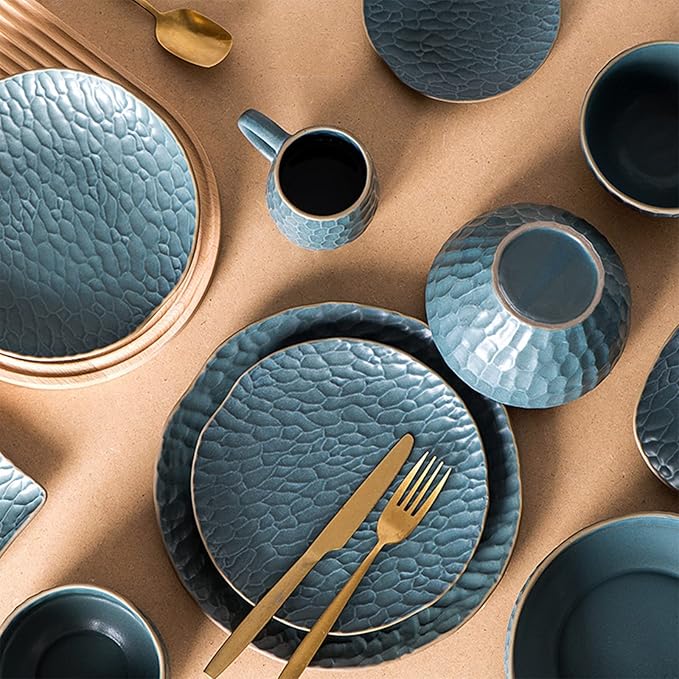 Ceramic Dinnerware Set 17 Pcs Matte Blue Porcelain Dinner Set Porcelain Bowls and Plates Sets Nordic Style Tableware Combination Set CER