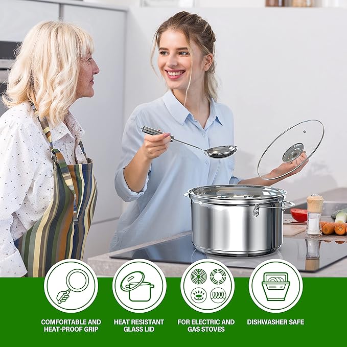 YSSOA 18-Piece Stainless Steel Kitchen Cookware Set Including Saucepan Casseroles with Tempered Glass Lid Frypan Steamer Salad Bowl  Fryer Basket Heat Resistant Mat &amp Utensils Set Silver