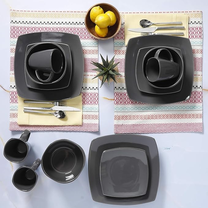 Square Dinnerware Set for 4 – 16-Piece Reactive Glaze Stoneware Dishes in Red Grey &amp White – Modern Microwave &amp Dishwasher Safe Plates Bowls &amp Mugs (Gray)