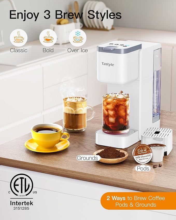 Single Serve Hot &amp Iced Coffee Maker with Strong Brew 40oz Removable Reservoir 6 Brew Sizes Compatible with K Cup and Grounds Compact for Home Office RV and Dorm White (2.0 Version)