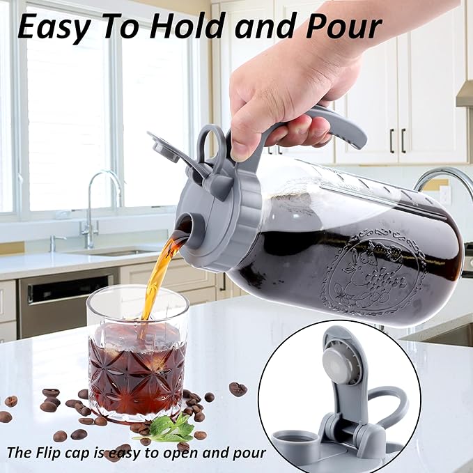 Cold Brew Coffee Maker 64 OZ 2 Pack Mason Jar Cold Brew Pitcher With Infuser 2 Quart Wide Mouth Iced Coffee Maker With Pour Spout Lid And Handle Half Gallon Airtight &amp Leakproof Pitcher For Fridge