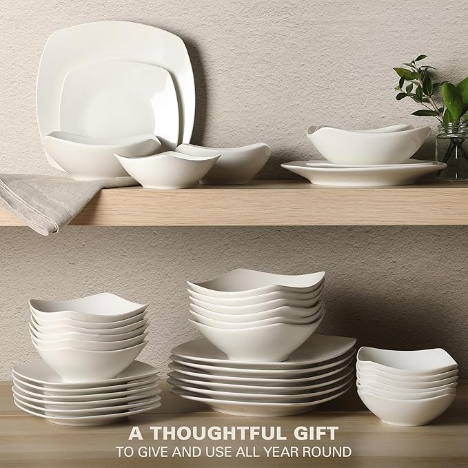 Gibson Home Brentwood 40-Piece Dinnerware Set – Square White Porcelain Plates and Bowls Service for 8 Dishwasher &amp Microwave Safe Modern Everyday Dinner Set with Cereal Dessert and Entrée Bow