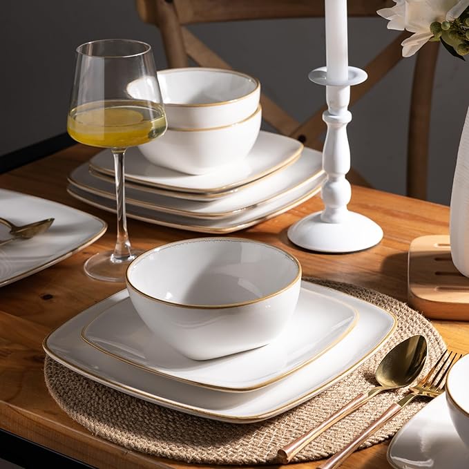 AmorArc Ceramic Dinnerware Sets for 4 12 Pieces Square Handpainted Plates and Bowls Set Chip and Scratch Resistant Stoneware Dishes Set Dishwasher &amp Microwave Safe Pearl White