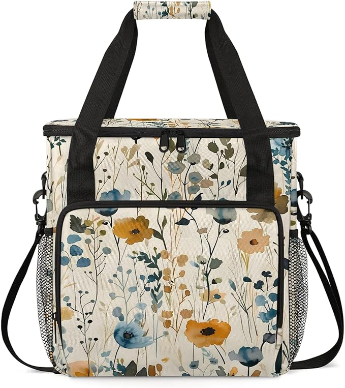 Flower Poppy Floral Coffee Maker Carring Bag Large Insulated Storage Organizer Case Tote Bags with Shoulder Strap for Travel Work Picnic
