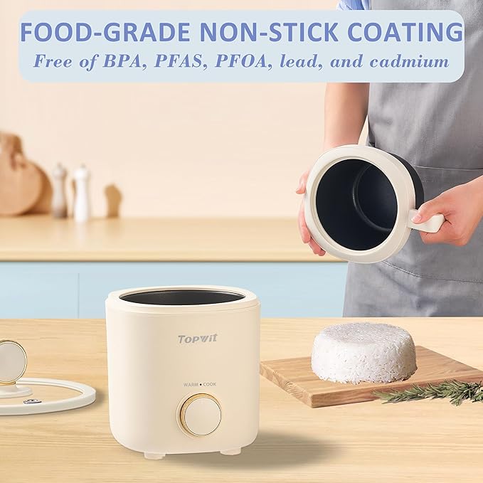 TOPWIT Rice Cooker Small Mini Rice Cooker 2 Cups Uncooked 1.2L Portable Rice Maker with Non-stick Coating BPA Free One Touch &amp Keep Warm Function Beige