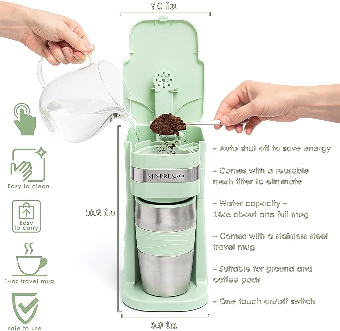Mixpresso Single Cup Coffee Maker &amp 14oz Travel Mug Lightweight Personal Drip Coffee Brewer &amp Tumbler Compatible with Coffee Grounds Bubdle With 3 Piece Set Of Airtight Coffee And Sugar Plas